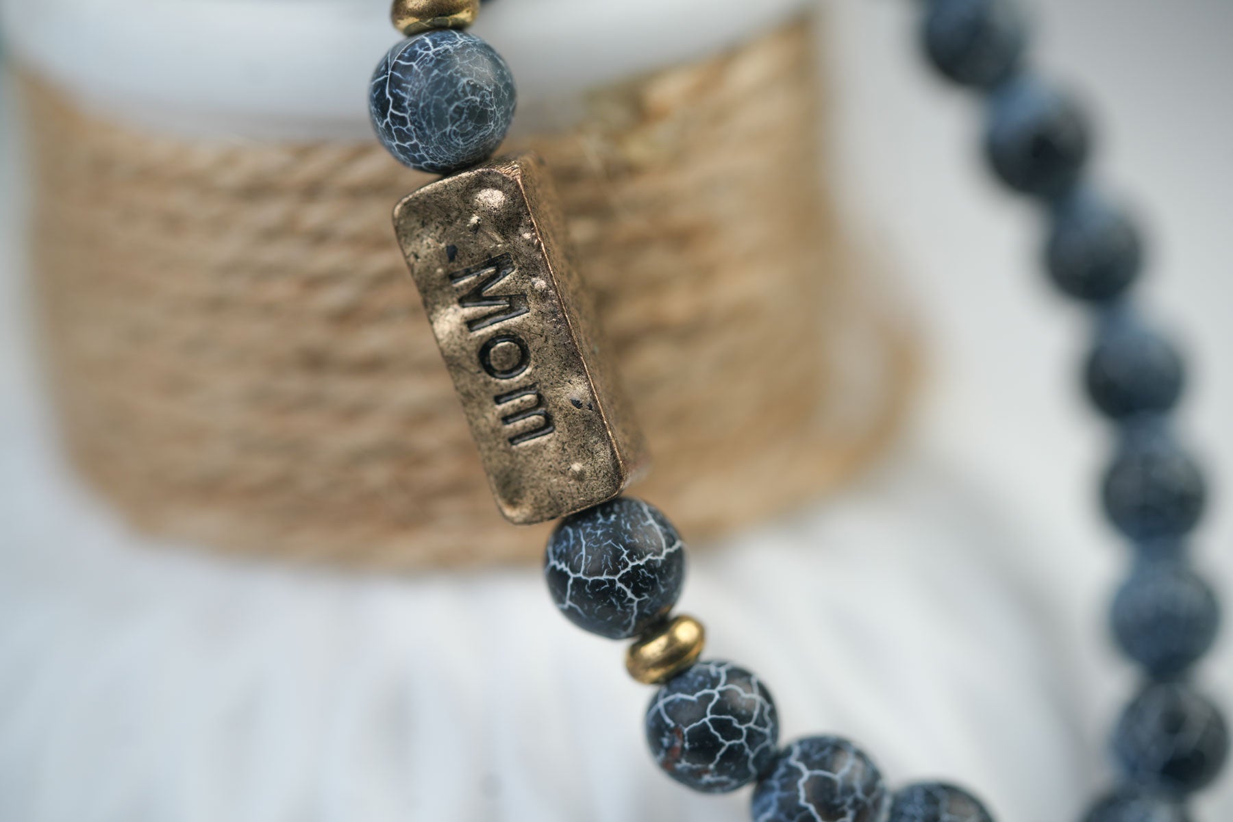 Weathered Agate Bracelet with "MOM" Engraved on Antique Brass Rectangular Plate